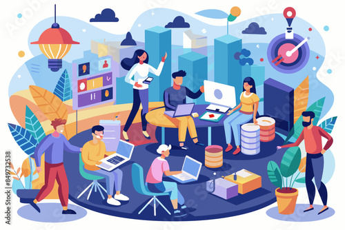 a group of people working on laptops in a room, hackathon bringing together developers, designers, and innovators to solve real-world problems