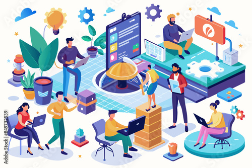 a group of people working on laptops in a room, hackathon bringing together developers, designers, and innovators to solve real-world problems
