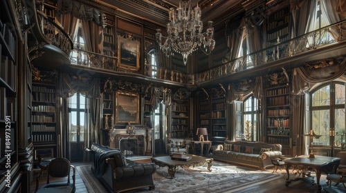 Ancient stately home interior with a beautiful library and club sofas, generative AI © Khalif