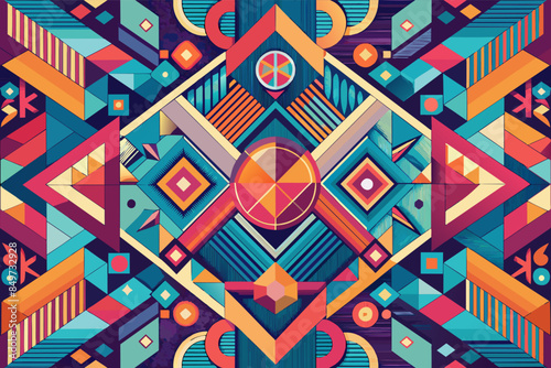 a colorful geometric pattern with a circle and a star, An abstract pattern using geometric shapes and vibrant colors