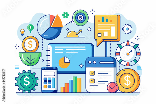 a laptop with a bunch of different items around it, An automated financial planning tool for budgeting, savings, and investment management