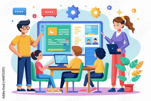 a group of people sitting at a table with laptops, An educational workshop on coding and computer programming for beginners