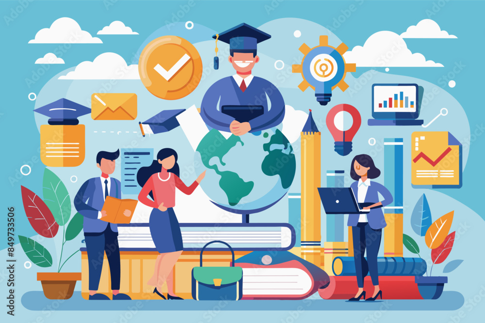 a group of people standing around a globe, An infographic on the future of education using vectors a group of people standing around a globe, An infographic on the future of education using vectors
