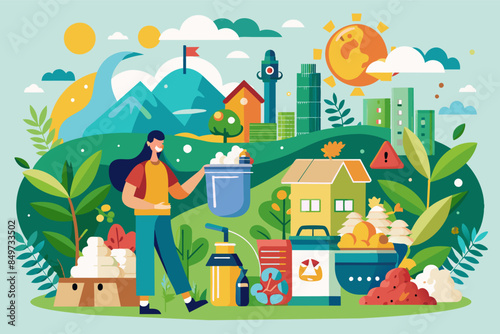 a poster with a man cleaning the earth, An illustration of a zero-waste lifestyle in vector format