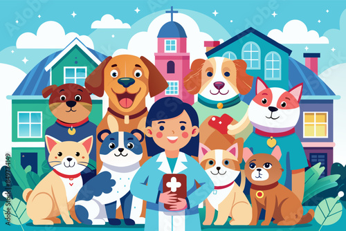 a group of dogs and cats standing in front of a house, pet therapy program bringing trained animals to hospitals, nursing homes, and schools to provide comfort and companionship