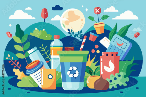 a poster with a trash can and other items, plastic waste reduction campaign encouraging individuals and businesses to adopt alternatives to single-use plastics