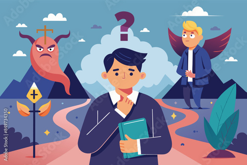 a man in a suit standing in front of a road with a devil and devil on it, protagonist faces a moral dilemma that challenges their beliefs