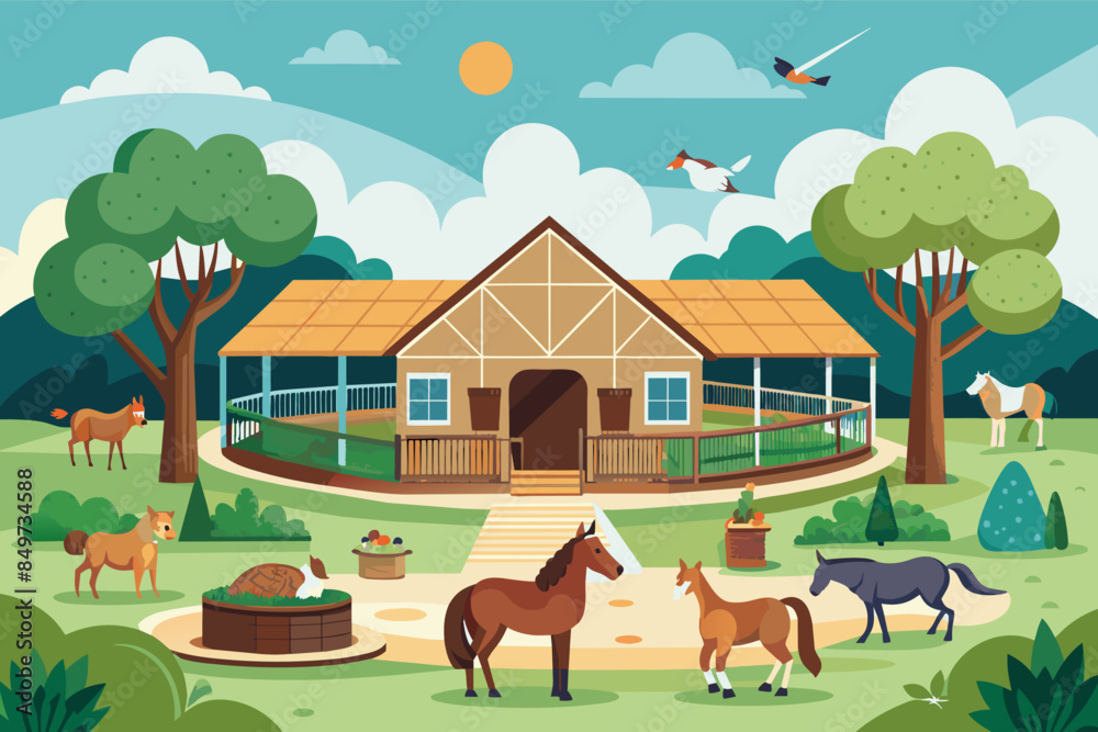 a horse stable with horses and a horse, sanctuary for retired working animals, such as former racehorses or farm animals