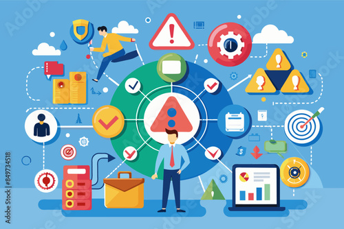 a group of people standing around a circular diagram, risk management framework for identifying and mitigating potential threats to business operations