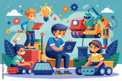 a group of people sitting around a laptop, robotics competition challenging students to design and build autonomous robots