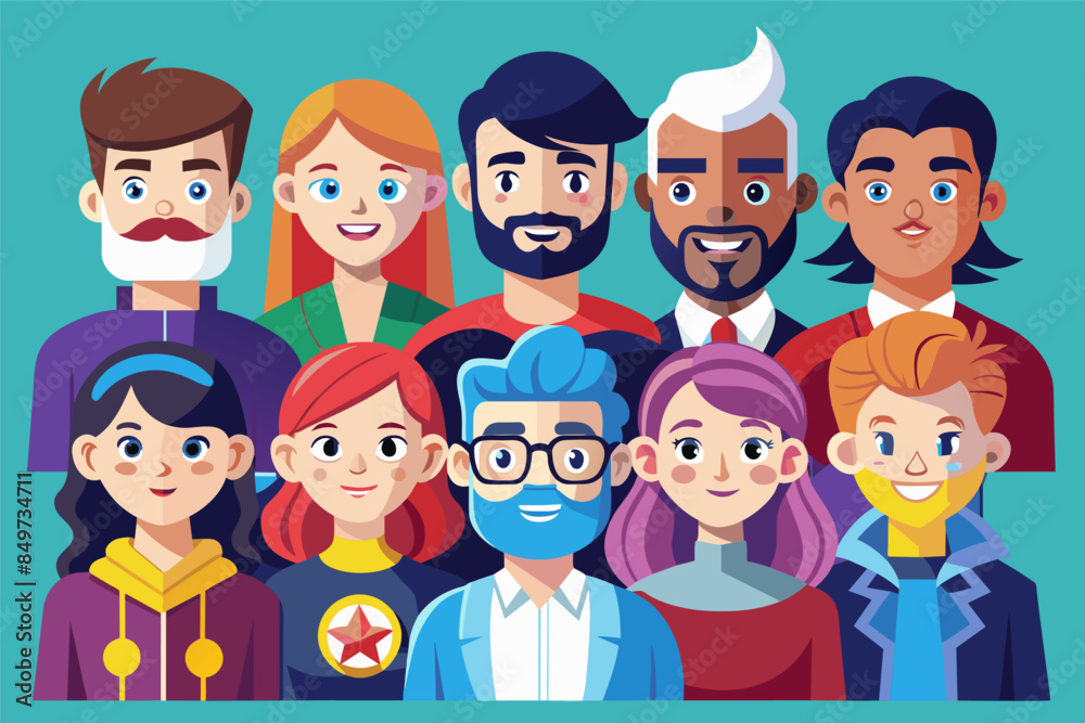 a group of people with different facial expressions, setflat avatars representing diverse characters for a social media platform a group of people with different facial expressions, setflat avatars representing diverse characters for a social media platform