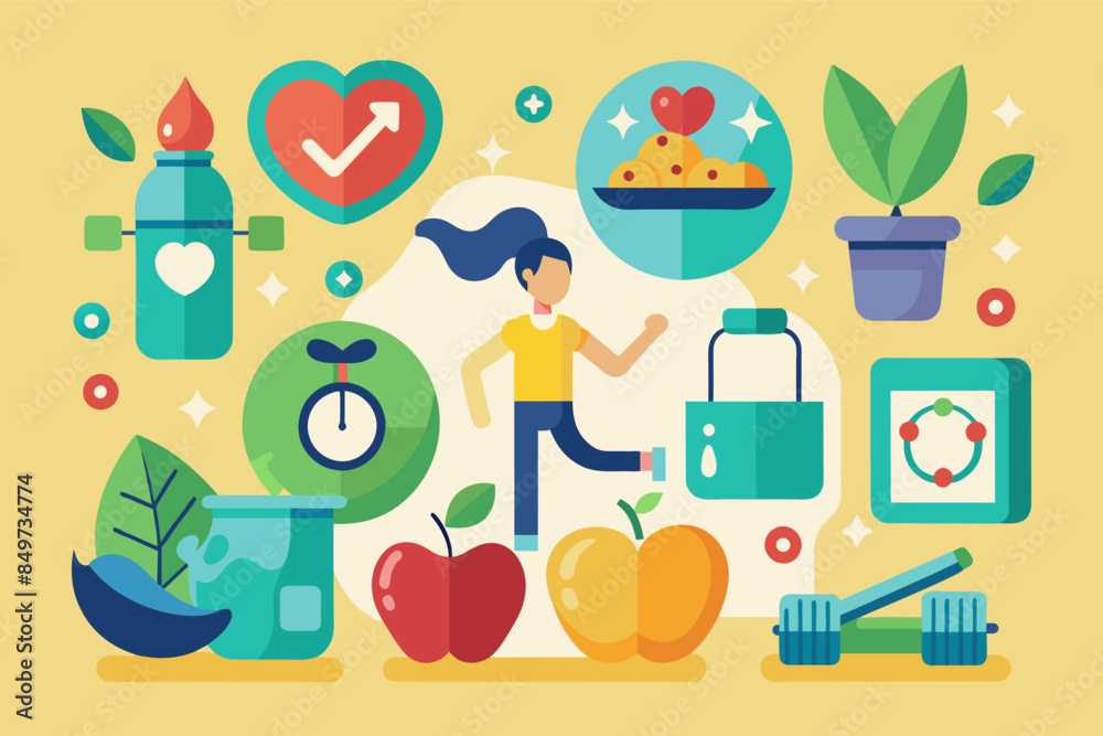 a man sitting on a table with a laptop and various food items, setvector icons for a fitness app, featuring exercise equipment and healthy food a man sitting on a table with a laptop and various food items, setvector icons for a fitness app, featuring exercise equipment and healthy food