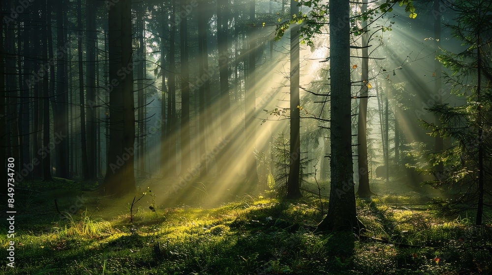 Naklejka premium Sun rays stream through a dense forest.