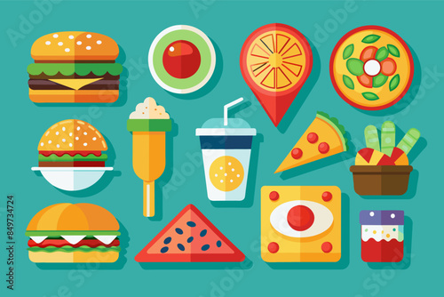 a variety of fast food items including pizza, soda, pizza and soda, setvector food icons for a restaurant menu, including burgers, pizza, and sushi photo