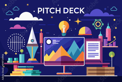 a computer screen with a mountain and a clock on it, sleek and stylish pitch deck for a startup or new business venture