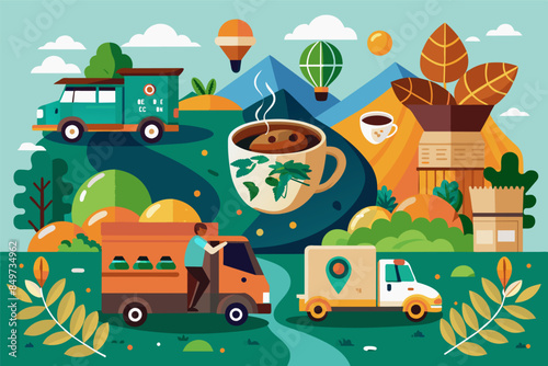 a poster with a truck, truck, and coffee, specialty coffee subscription service delivering freshly roasted beans from around the world