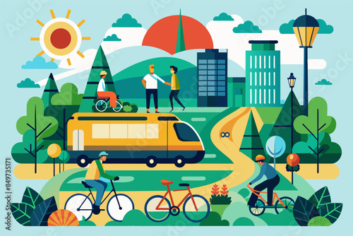 people riding bikes and bicycles in a park, sustainable transportation initiative promoting walking, cycling, and public transit to reduce reliance on fossil fuels