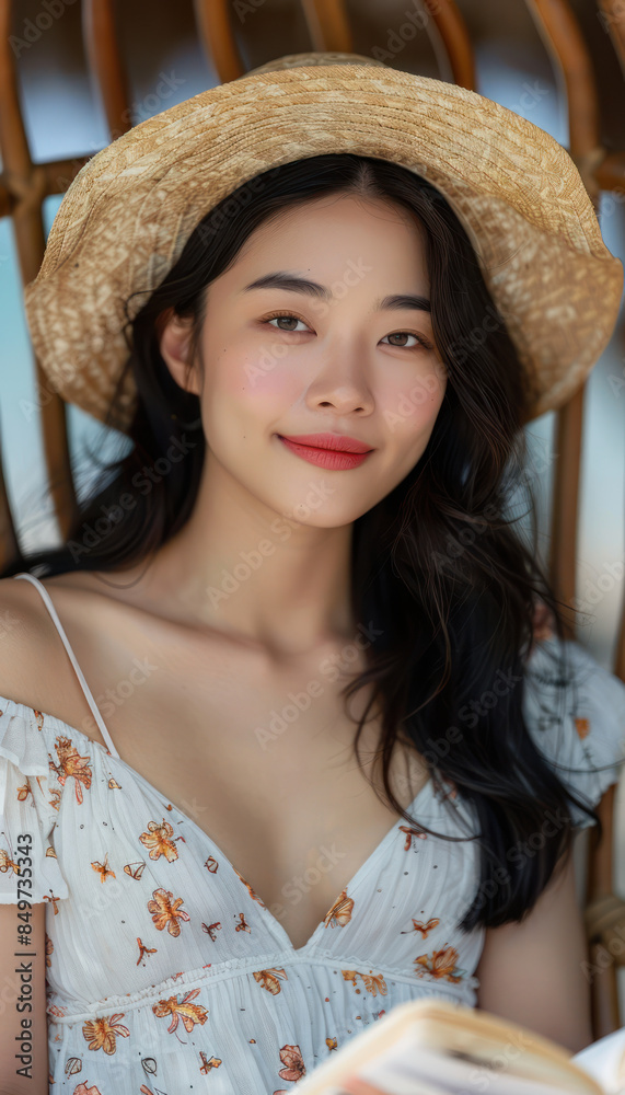 Serene Portrait of a Woman in a Wide Brimmed Straw Hat and Floral Dress Enjoying a Relaxing Day Outdoors in Natural Light Serene Portrait of a Woman in a Wide Brimmed Straw Hat and Floral Dress Enjoying a Relaxing Day Outdoors in Natural Light