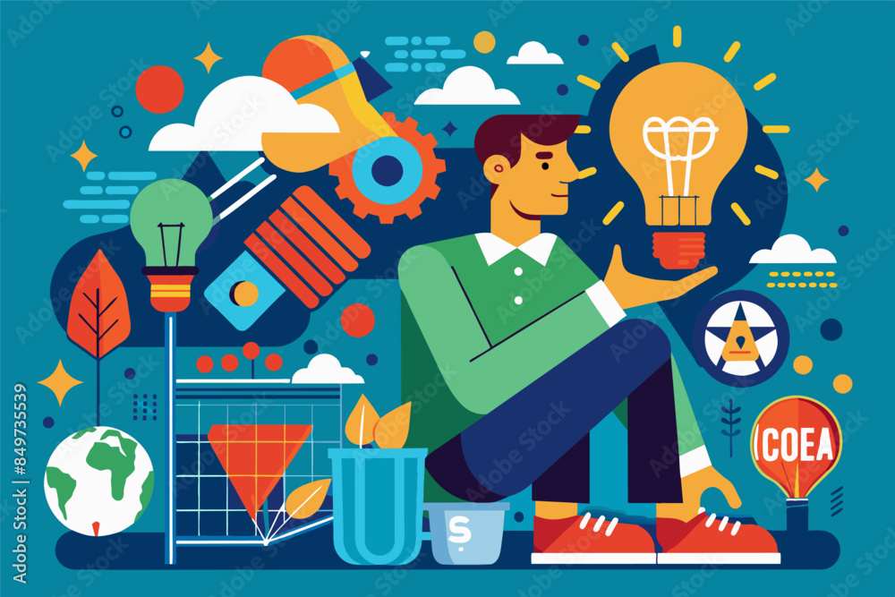 a shopping cart with various items and plants, vector poster promoting conscious consumerism a shopping cart with various items and plants, vector poster promoting conscious consumerism