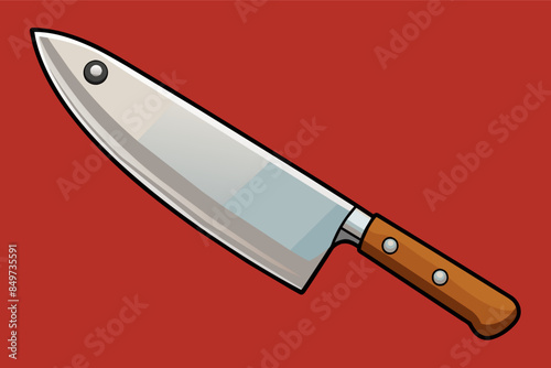 a knife with a wooden handle on a red background, vector representationa gourmet chef's knife, highlighting its blade and handle design