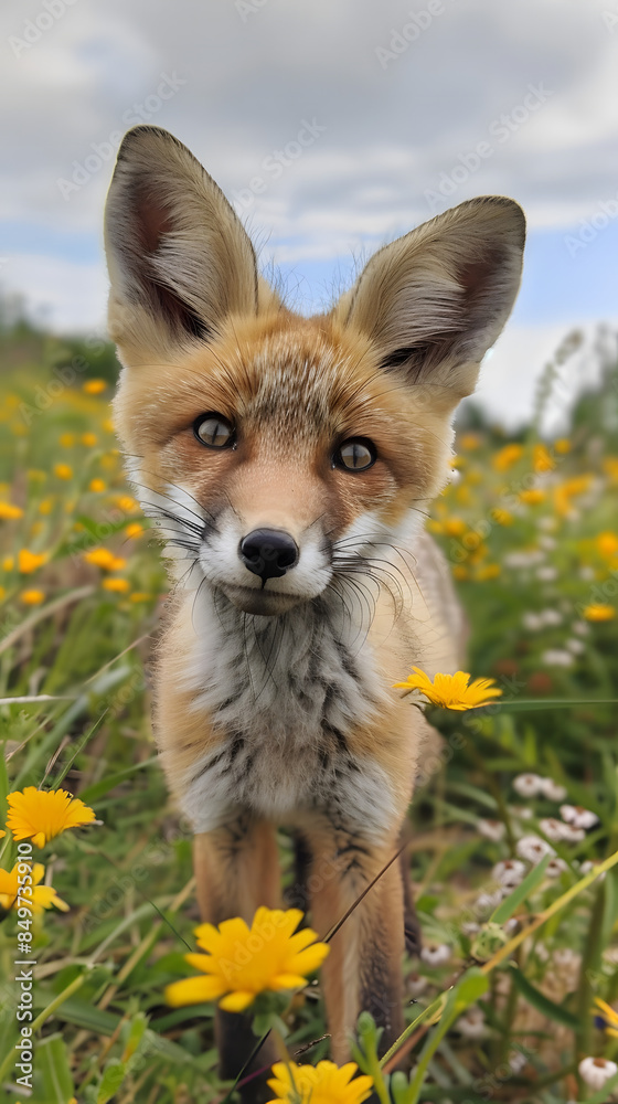 a fox stands in the middle of a bright flower field
