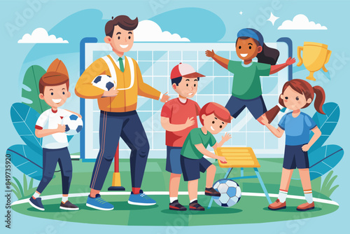 a man and two children are playing soccer, youth sports academy providing coaching and skill development training for aspiring athletes