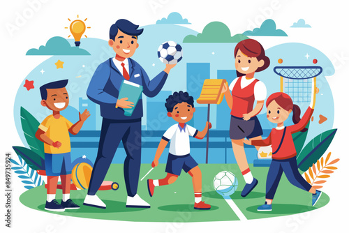 a man and two children are playing soccer, youth sports academy providing coaching and skill development training for aspiring athletes