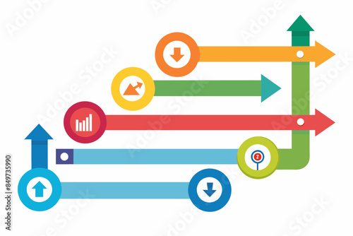 a colorful arrow chart with arrows pointing to different directions, Create infographic arrows to illustrate progression or sequential steps in a process