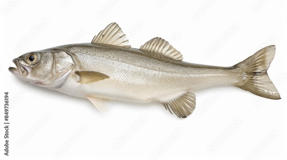 Fototapeta premium Silver sea bass on a white background, perfect for healthy meals with omega-3 and protein. Versatile for cooking at home or in restaurants. Rich in detail for culinary and wildlife enthusiasts