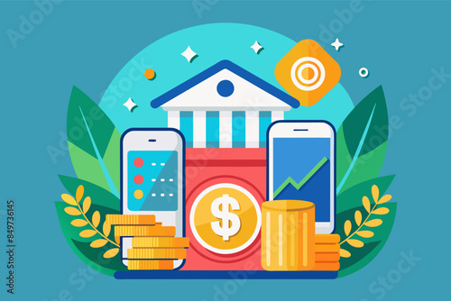 a phone and money with a bank building in the background, icon for a finance app that symbolizes growth and prosperity