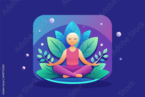 a woman sitting in a lotus position with leaves around her, icon for a meditation app that evokes peace and tranquility