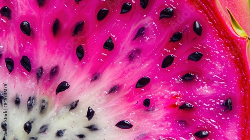 Dragon fruit slice macro cut close-up. Fresh dragon fruit texture surface for wallpaper banner background with copyspace