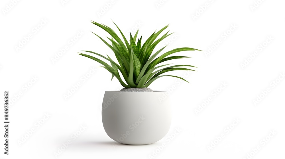 Green plant with long, pointed leaves in a white, round pot, placed on a white surface