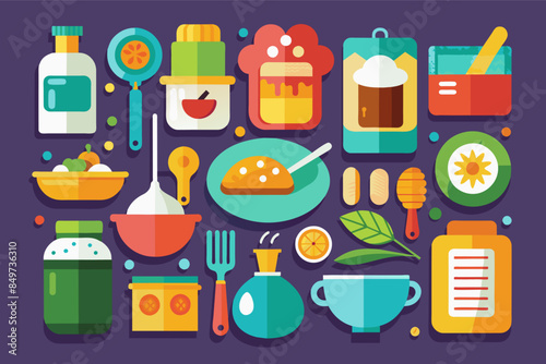 a poster with various food items and utensils, seriesicons for a cooking app showcasing different ingredients and utensils