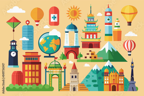 a poster with different types of buildings and buildings, seticons for a travel app featuring landmarks from around the world