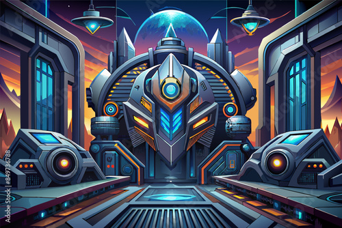 a futuristic city with a futuristic building and mountains, futuristic background featuring metallic elements or sci-fi-inspired patterns