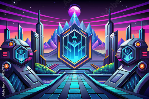 a futuristic city with a futuristic building and mountains, futuristic background featuring metallic elements or sci-fi-inspired patterns