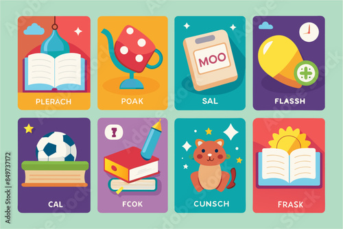 a set of icons with different items for learning, seriesflashcards to help students memorize important vocabulary words