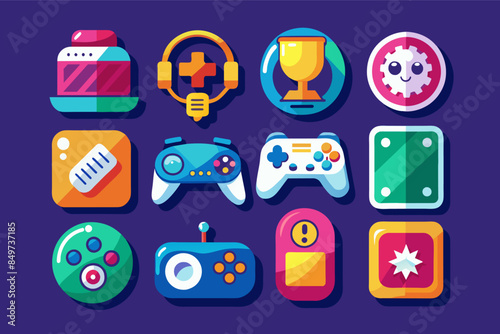 a set of flat design icons, seriesicons for a gaming app featuring different levels and achievements