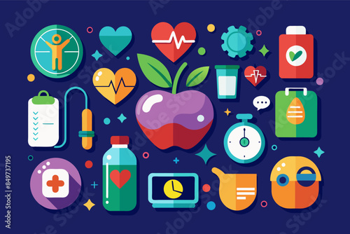 a poster with a variety of health related items, seriesicons for a health app representing different aspectswellness