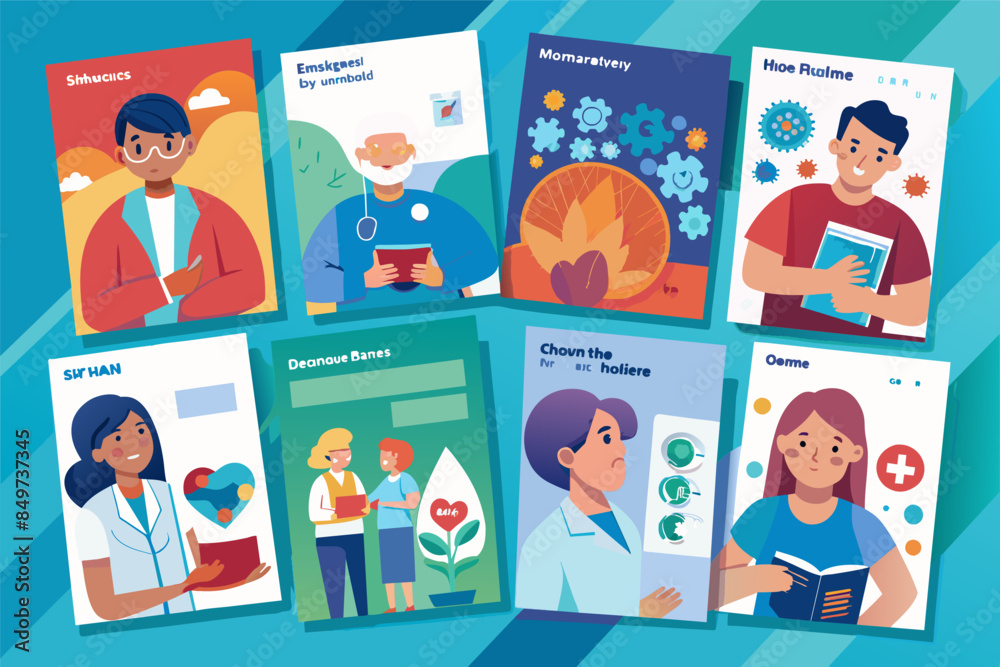 a set of social media banners with people and a phone, seriesinformative pamphlets about common health conditions and treatments a set of social media banners with people and a phone, seriesinformative pamphlets about common health conditions and treatments
