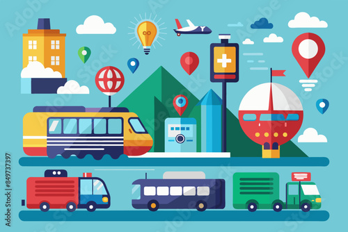 a bus, busses, and other vehicles are shown in this illustration, seticons for a transportation app showcasing various modestravel