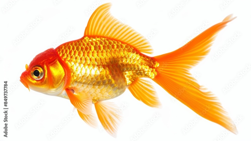Graceful goldfish swims elegantly in a clear tank on a white background, showcasing vibrant colors and shimmering scales. Nature's beauty captured in this lively marine pet Graceful goldfish swims elegantly in a clear tank on a white background, showcasing vibrant colors and shimmering scales. Nature's beauty captured in this lively marine pet