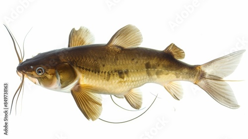 Stunning yellow bullhead catfish elegantly gliding in water with a simple white backdrop, highlighting the vivid hues and special characteristics of this extraordinary aquatic creature photo
