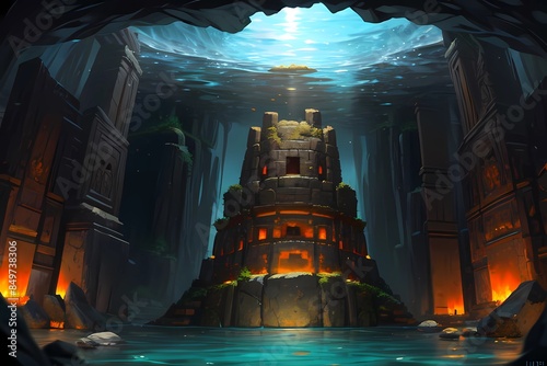 ファンタジーゲーム背景 水中ダンジョンにらわれた古代遺跡神殿