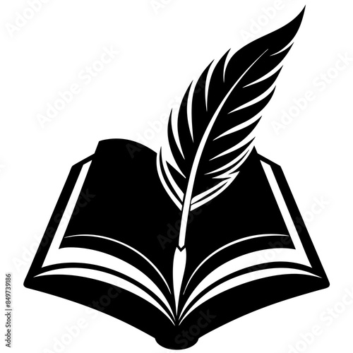 A silhouette of an open book with a quill pen poised above it, symbolizing writing and creativity.