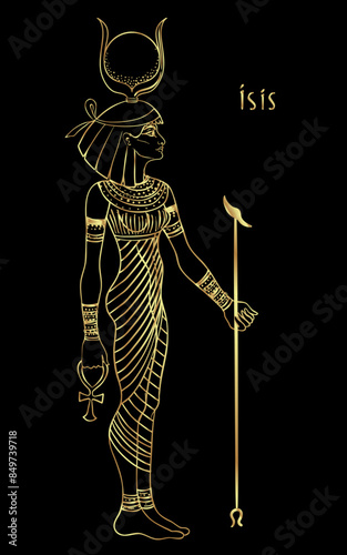 Isis, goddess of life and magic in Egyptian mythology. One of the greatest goddesses of Ancient Egypt, protects women, children, heals sick. Vector isolated illustration in gold over black. Winged