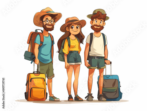 Three people are standing with their luggage, smiling and posing for a picture. The man on the left is wearing a backpack, while the woman on the right is holding a suitcase