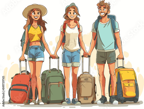 Three people holding suitcases and smiling. Scene is happy and adventurous. The idea is that the people are about to embark on a trip and are excited about it