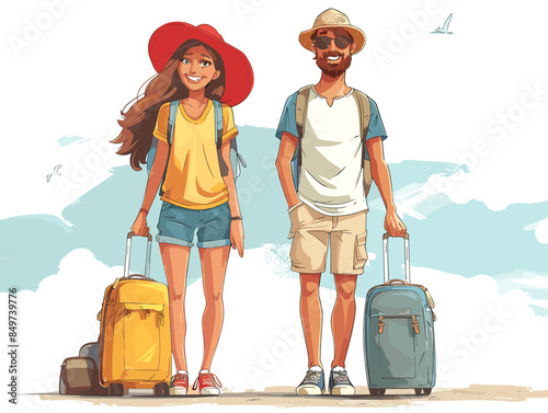 A woman and man are standing with their luggage, smiling and looking happy. They are on a beach and seem to be enjoying their trip
